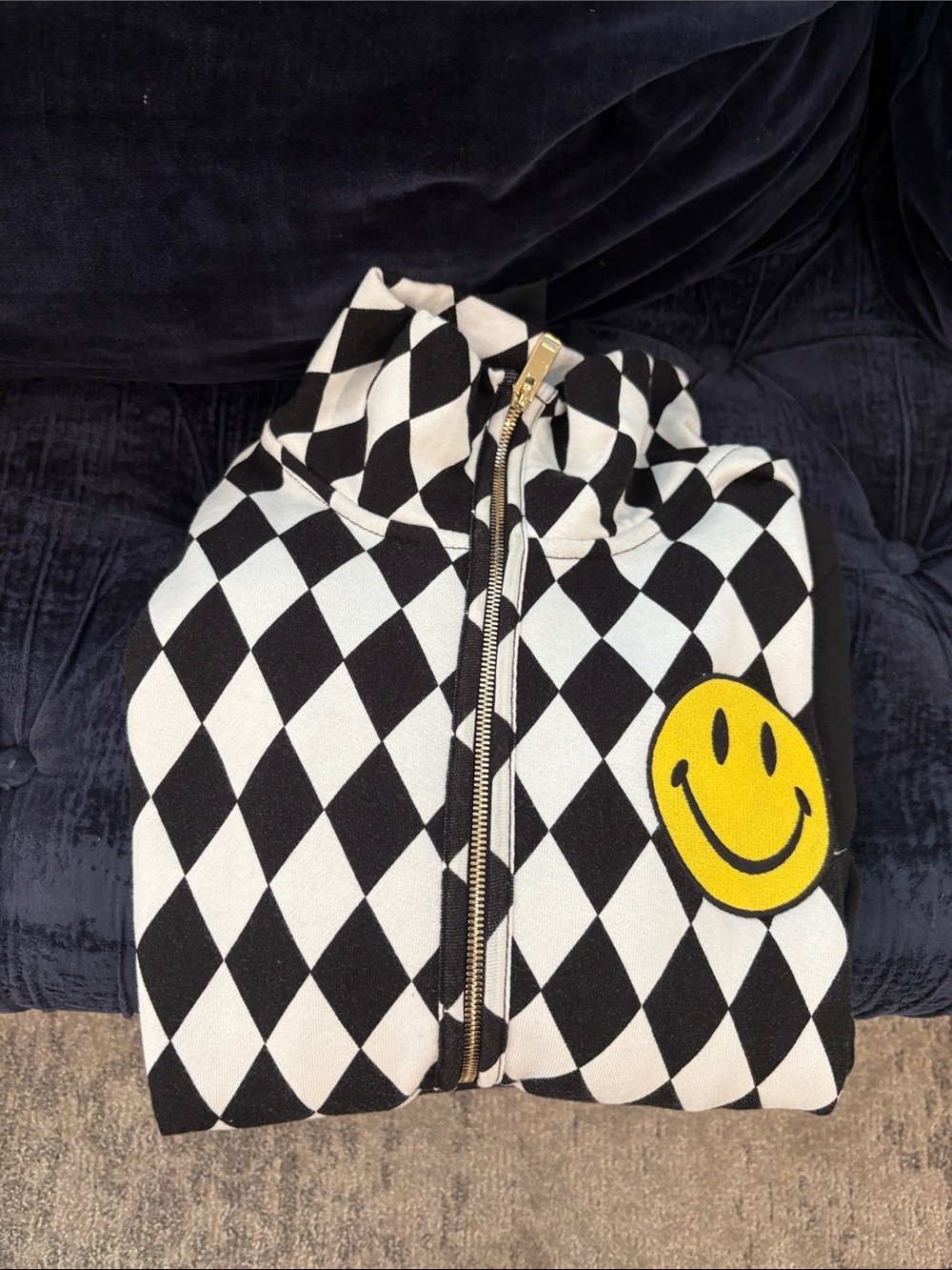 Washed once Aviator Nation Black & White Diamond Zip Hoodie with Yellow Smiley